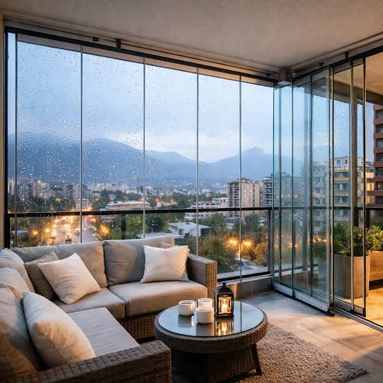 Living ordenado al atardecer, con vista a la cordillera y luces de la ciudad